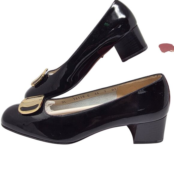 Salvatore Ferragamo Black Patent Leather Heels With Gold Buckle Size 7AA - Picture 1 of 9